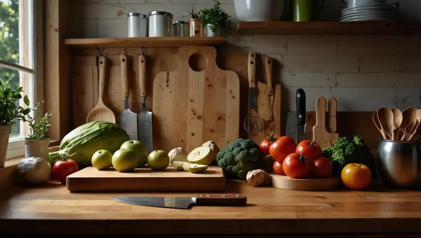 Itens úteis para cozinha: facas, cortadores, tábuas de bambu Itens úteis para cozinha: facas, cortadores, tábuas de bambu